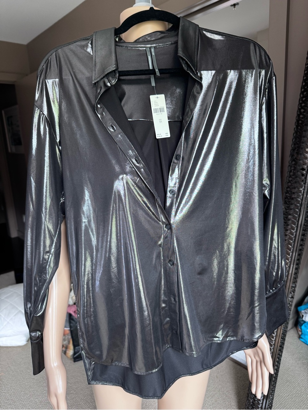 Metallic Black Button-Down Women's Blouse